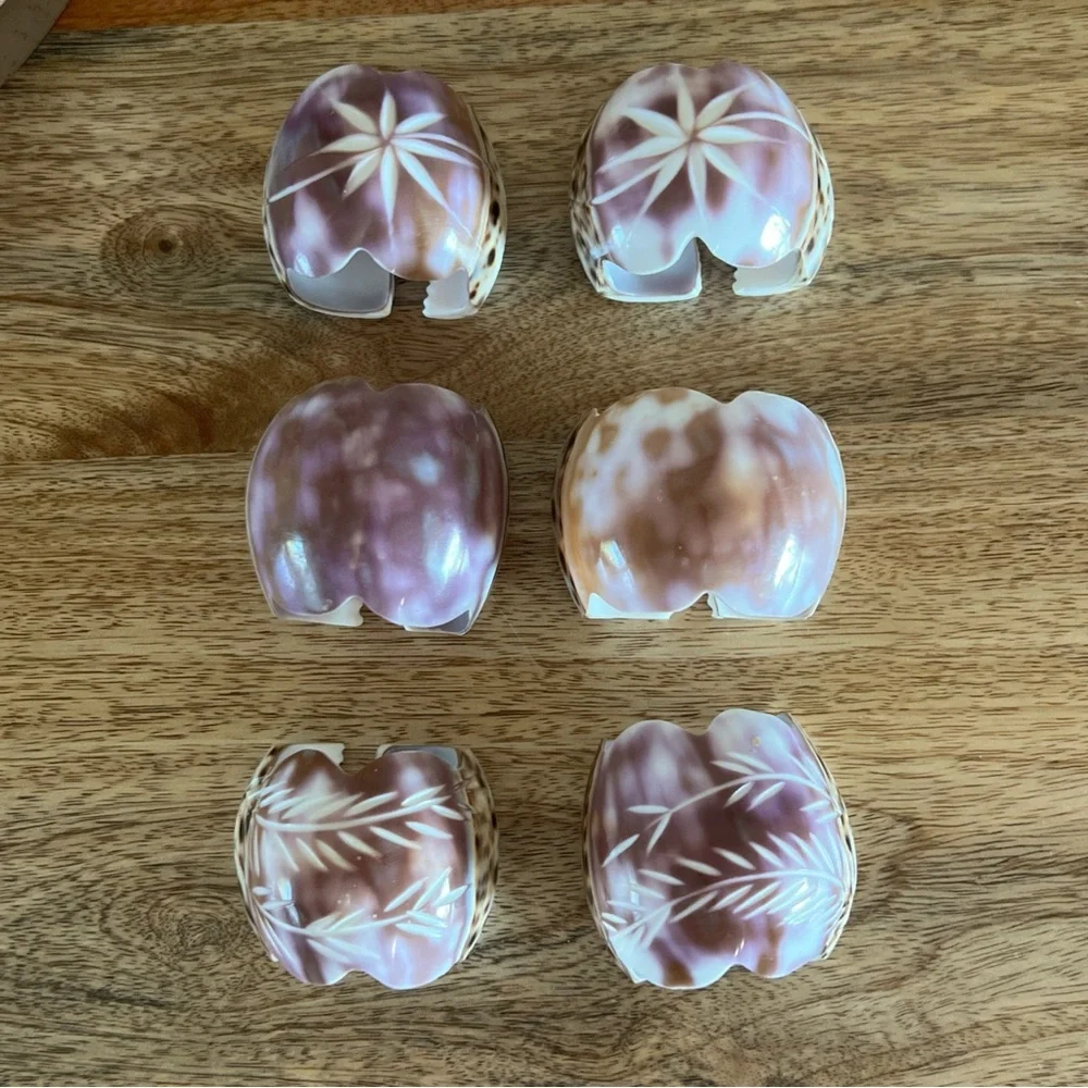 Carved Cowrie Shell set of 6, Napkin Holder Rings Purple Floral Sea Shells